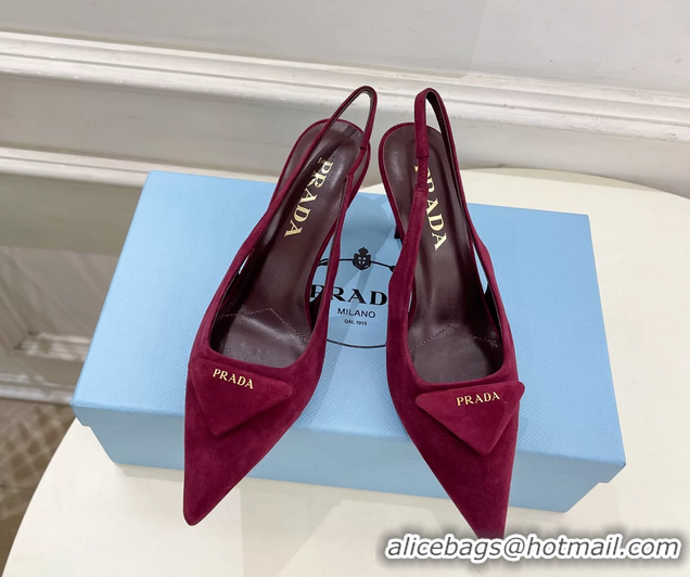 Durable Prada Triangle Logo Burgundy Suede Leather Slingback Pumps 75MM 6050802