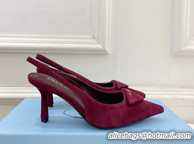 Durable Prada Triangle Logo Burgundy Suede Leather Slingback Pumps 75MM 6050802