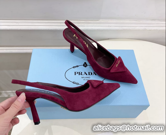 Durable Prada Triangle Logo Burgundy Suede Leather Slingback Pumps 75MM 6050802