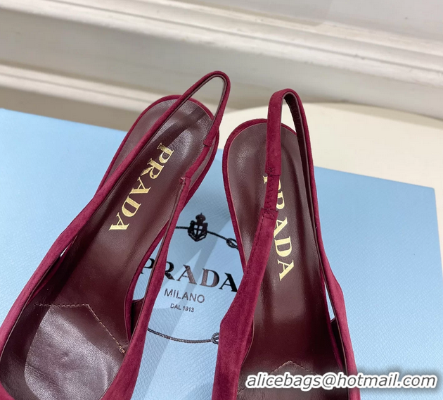 Durable Prada Triangle Logo Burgundy Suede Leather Slingback Pumps 75MM 6050802