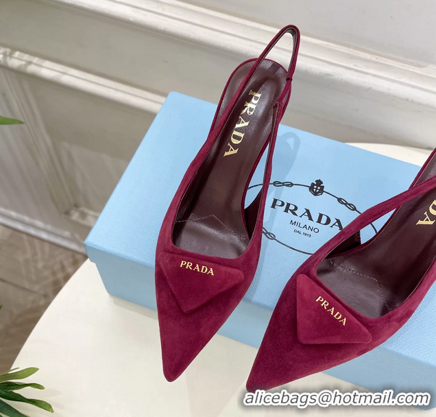 Durable Prada Triangle Logo Burgundy Suede Leather Slingback Pumps 75MM 6050802