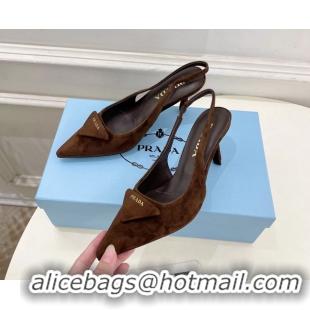 Discount Prada Triangle Logo Brown Suede Leather Slingback Pumps 75MM 6050802 Brown