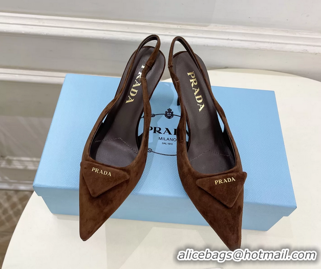 Discount Prada Triangle Logo Brown Suede Leather Slingback Pumps 75MM 6050802 Brown
