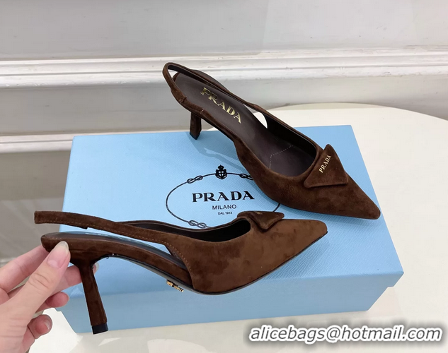 Discount Prada Triangle Logo Brown Suede Leather Slingback Pumps 75MM 6050802 Brown
