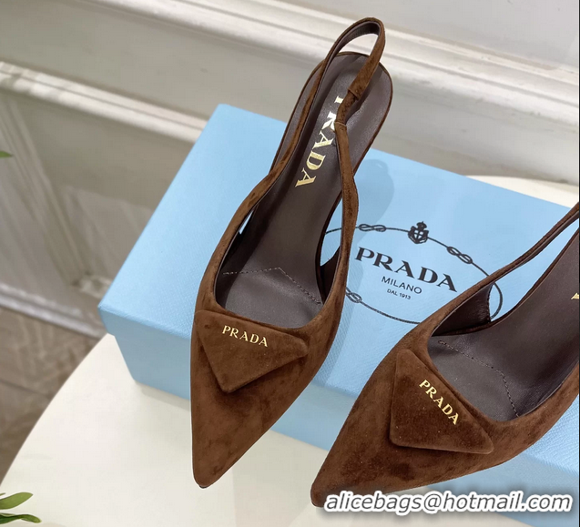 Discount Prada Triangle Logo Brown Suede Leather Slingback Pumps 75MM 6050802 Brown