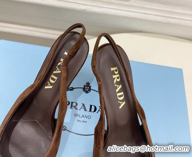 Discount Prada Triangle Logo Brown Suede Leather Slingback Pumps 75MM 6050802 Brown