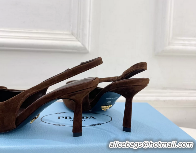 Discount Prada Triangle Logo Brown Suede Leather Slingback Pumps 75MM 6050802 Brown