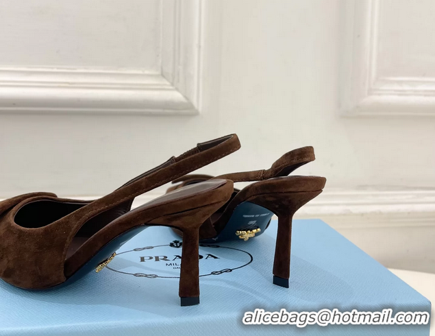 Discount Prada Triangle Logo Brown Suede Leather Slingback Pumps 75MM 6050802 Brown