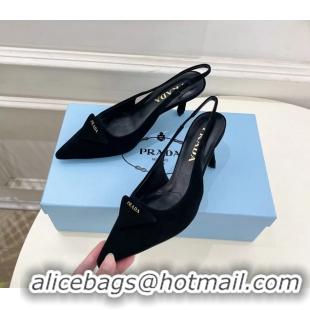 Hot Style Prada Triangle Logo Black Suede Leather Slingback Pumps 75MM 6050802 Black