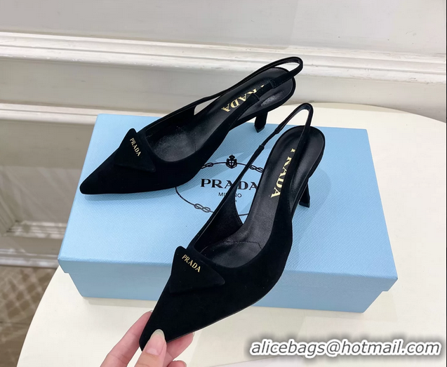 Hot Style Prada Triangle Logo Black Suede Leather Slingback Pumps 75MM 6050802 Black