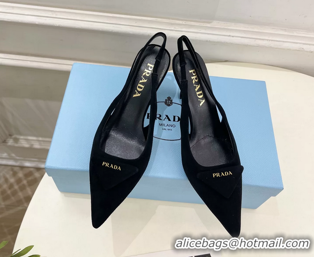 Hot Style Prada Triangle Logo Black Suede Leather Slingback Pumps 75MM 6050802 Black