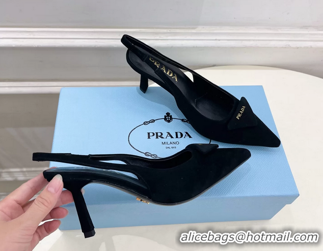 Hot Style Prada Triangle Logo Black Suede Leather Slingback Pumps 75MM 6050802 Black