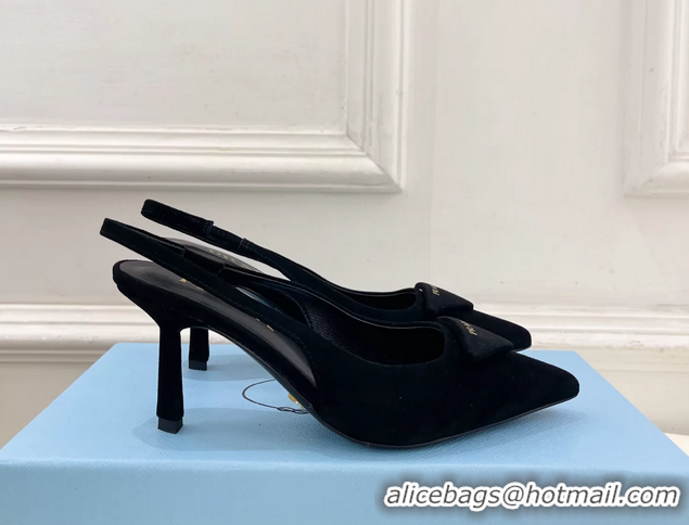 Hot Style Prada Triangle Logo Black Suede Leather Slingback Pumps 75MM 6050802 Black