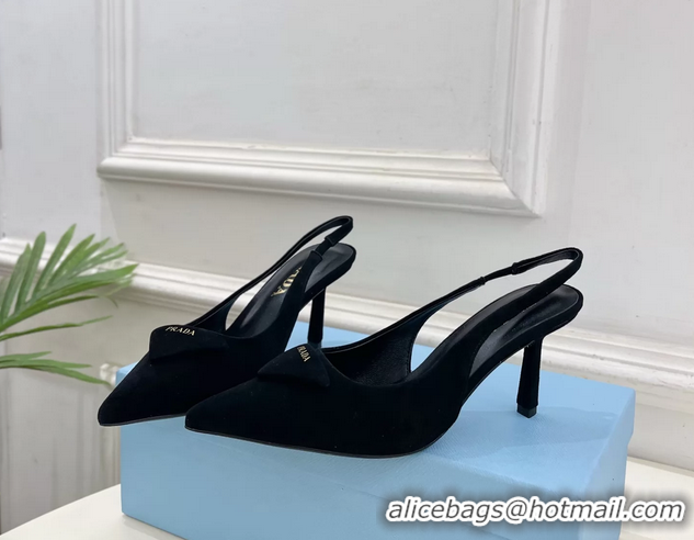 Hot Style Prada Triangle Logo Black Suede Leather Slingback Pumps 75MM 6050802 Black