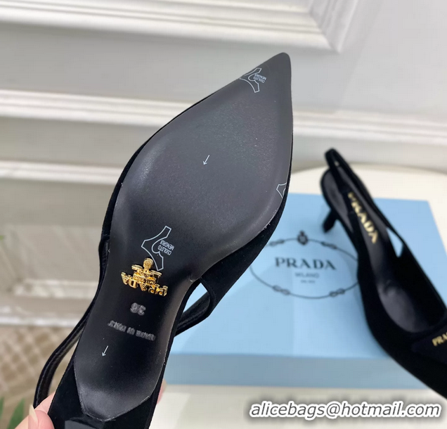 Hot Style Prada Triangle Logo Black Suede Leather Slingback Pumps 75MM 6050802 Black