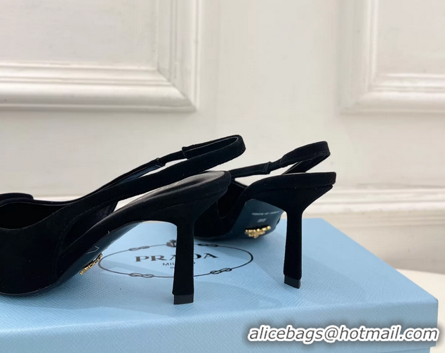 Hot Style Prada Triangle Logo Black Suede Leather Slingback Pumps 75MM 6050802 Black