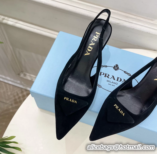 Hot Style Prada Triangle Logo Black Suede Leather Slingback Pumps 75MM 6050802 Black