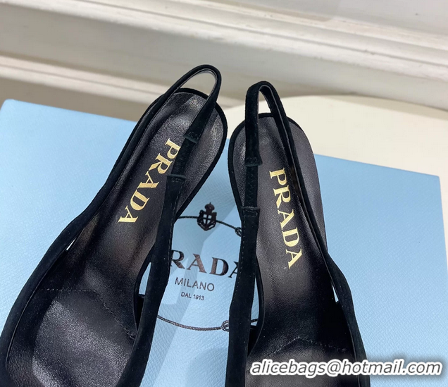 Hot Style Prada Triangle Logo Black Suede Leather Slingback Pumps 75MM 6050802 Black