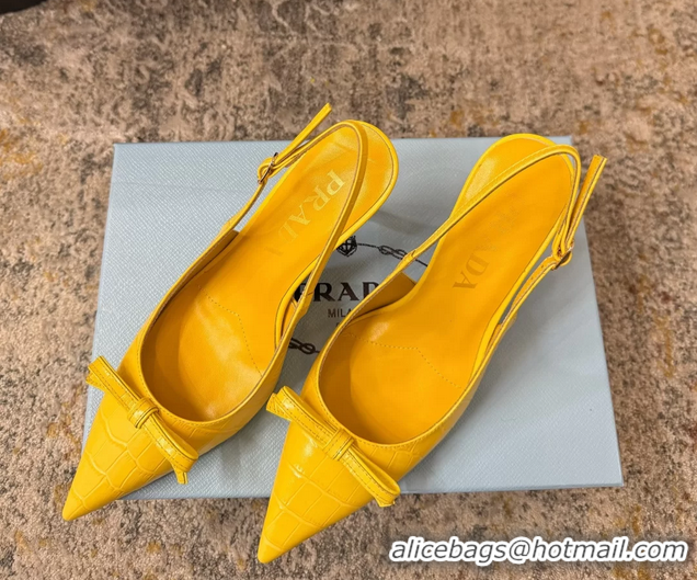 Best Price Prada Yellow Crocodile Embossed Leather Bow Slingback Pumps 75MM 6050802