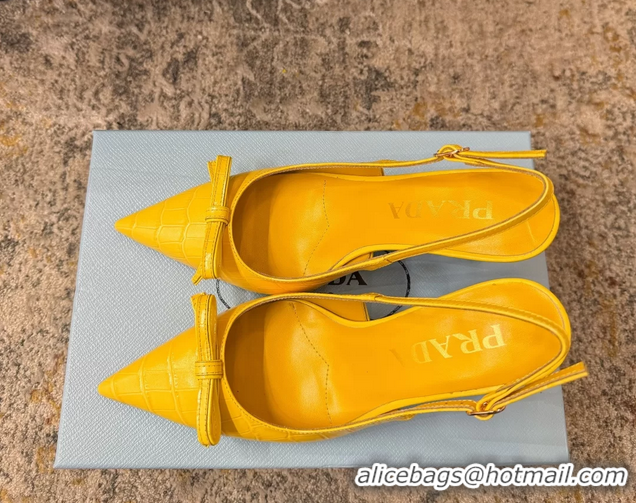 Best Price Prada Yellow Crocodile Embossed Leather Bow Slingback Pumps 75MM 6050802
