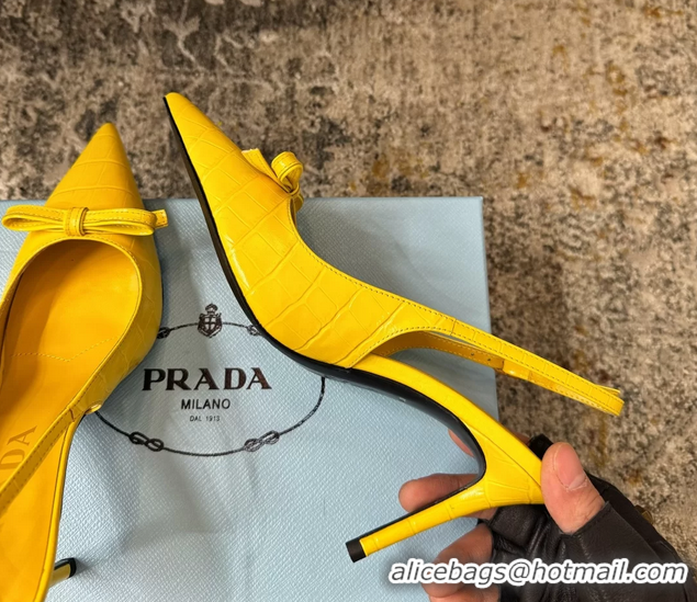 Best Price Prada Yellow Crocodile Embossed Leather Bow Slingback Pumps 75MM 6050802