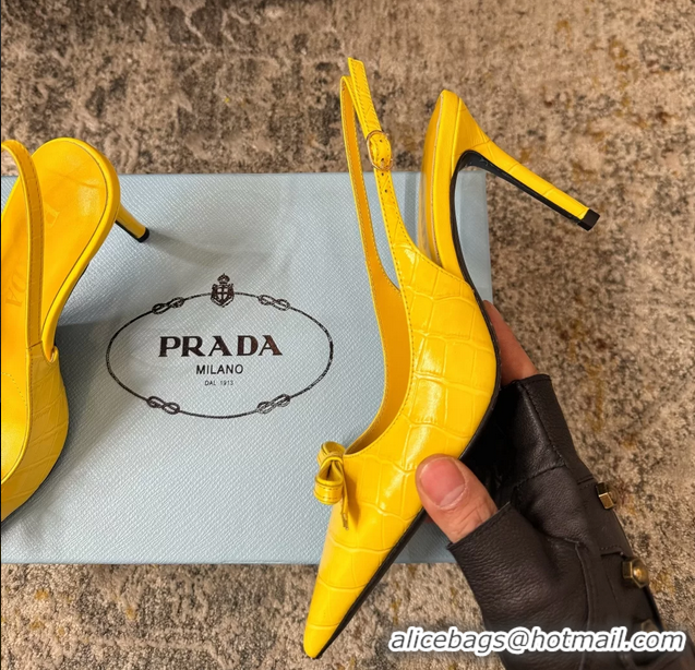Best Price Prada Yellow Crocodile Embossed Leather Bow Slingback Pumps 75MM 6050802