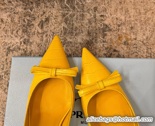 Best Price Prada Yellow Crocodile Embossed Leather Bow Slingback Pumps 75MM 6050802