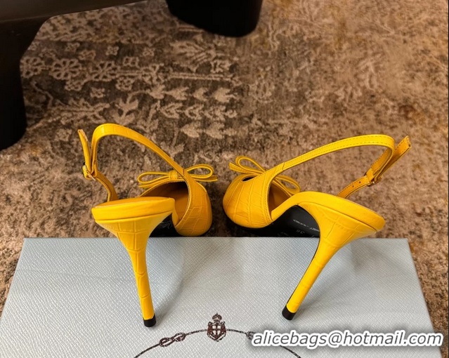 Best Price Prada Yellow Crocodile Embossed Leather Bow Slingback Pumps 75MM 6050802