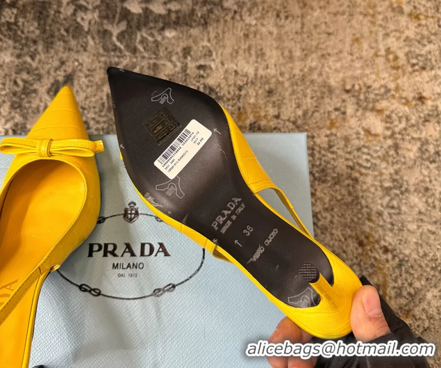 Best Price Prada Yellow Crocodile Embossed Leather Bow Slingback Pumps 75MM 6050802