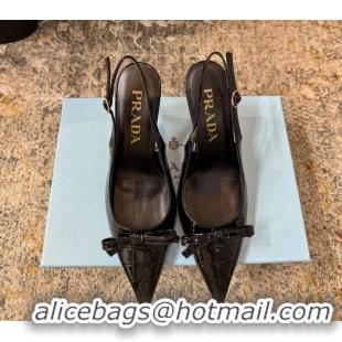 Good Quality Prada Black Crocodile Embossed Leather Bow Slingback Pumps 75MM 6050803