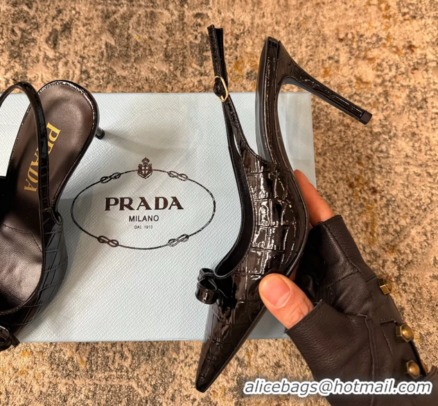 Good Quality Prada Black Crocodile Embossed Leather Bow Slingback Pumps 75MM 6050803