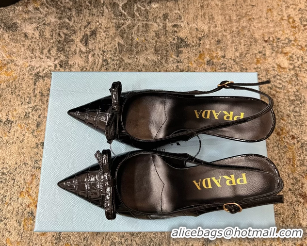 Good Quality Prada Black Crocodile Embossed Leather Bow Slingback Pumps 75MM 6050803