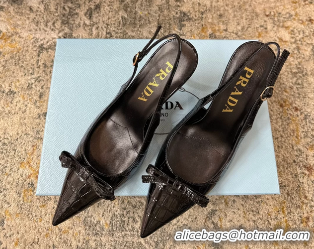 Good Quality Prada Black Crocodile Embossed Leather Bow Slingback Pumps 75MM 6050803