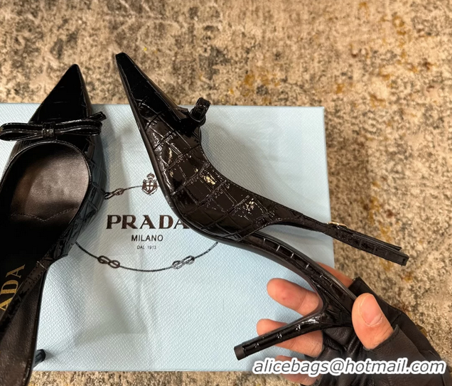 Good Quality Prada Black Crocodile Embossed Leather Bow Slingback Pumps 75MM 6050803