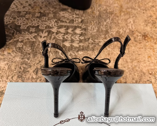 Good Quality Prada Black Crocodile Embossed Leather Bow Slingback Pumps 75MM 6050803