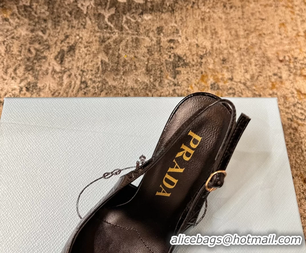 Good Quality Prada Black Crocodile Embossed Leather Bow Slingback Pumps 75MM 6050803