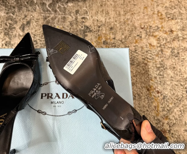 Good Quality Prada Black Crocodile Embossed Leather Bow Slingback Pumps 75MM 6050803