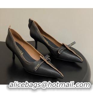 Stylish Prada Black Tan Antiqued Leather Exposed Seam Kitten Heel Pumps 55MM 6050804