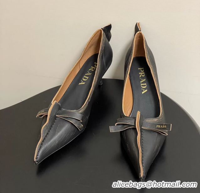 Stylish Prada Black Tan Antiqued Leather Exposed Seam Kitten Heel Pumps 55MM 6050804