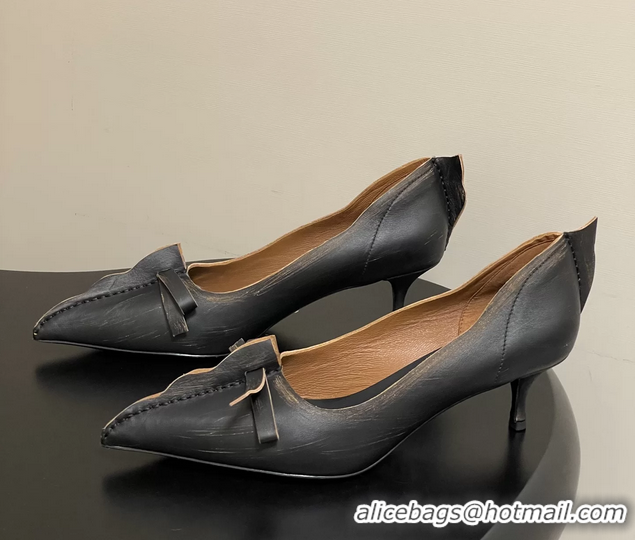 Stylish Prada Black Tan Antiqued Leather Exposed Seam Kitten Heel Pumps 55MM 6050804
