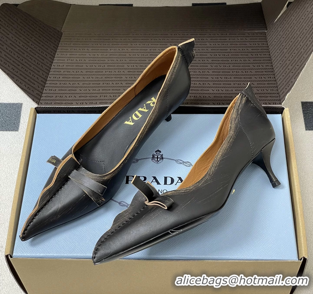 Stylish Prada Black Tan Antiqued Leather Exposed Seam Kitten Heel Pumps 55MM 6050804
