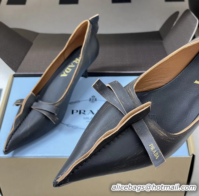 Stylish Prada Black Tan Antiqued Leather Exposed Seam Kitten Heel Pumps 55MM 6050804