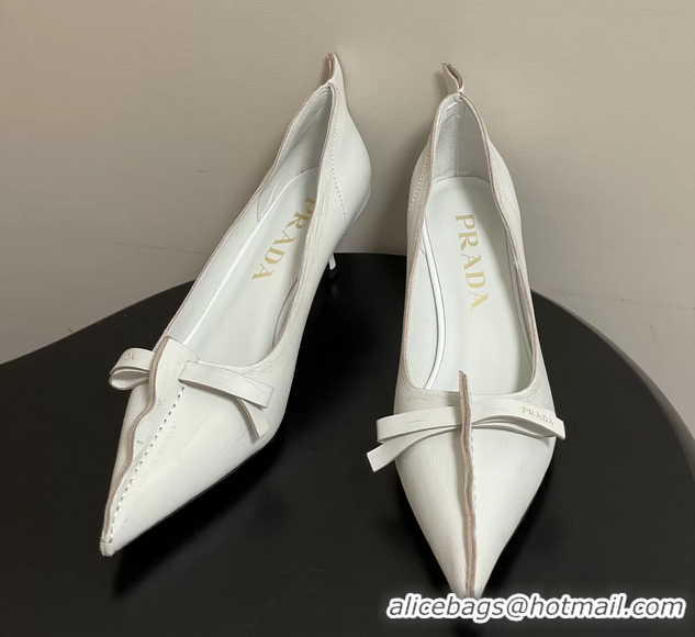 Luxury Prada White Antiqued Leather Exposed Seam Kitten Heel Pumps 55MM 6050804 White