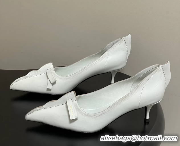 Luxury Prada White Antiqued Leather Exposed Seam Kitten Heel Pumps 55MM 6050804 White