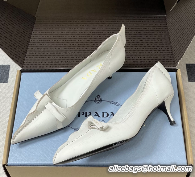 Luxury Prada White Antiqued Leather Exposed Seam Kitten Heel Pumps 55MM 6050804 White