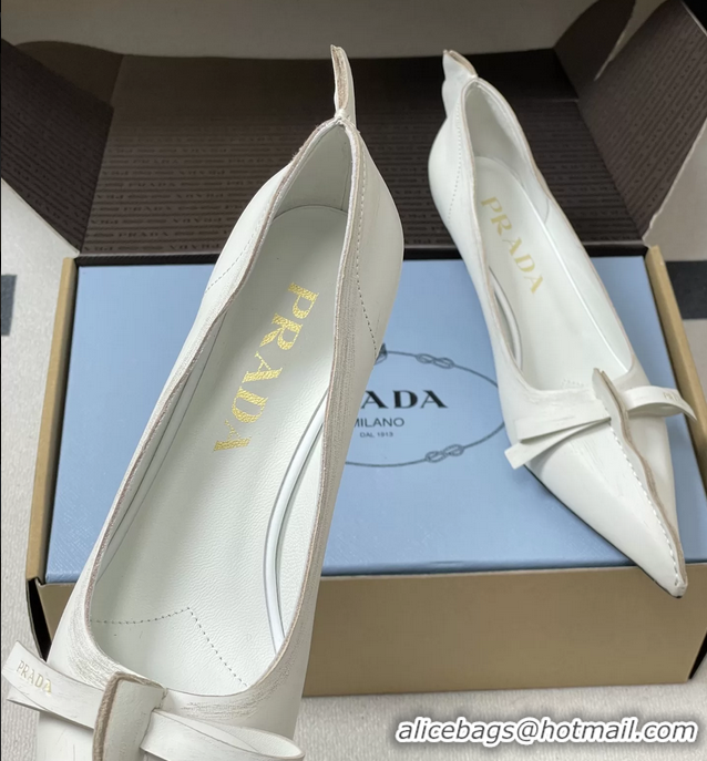 Luxury Prada White Antiqued Leather Exposed Seam Kitten Heel Pumps 55MM 6050804 White