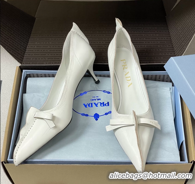 Luxury Prada White Antiqued Leather Exposed Seam Kitten Heel Pumps 55MM 6050804 White
