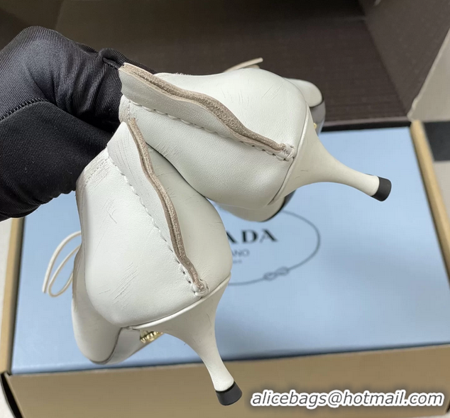 Luxury Prada White Antiqued Leather Exposed Seam Kitten Heel Pumps 55MM 6050804 White