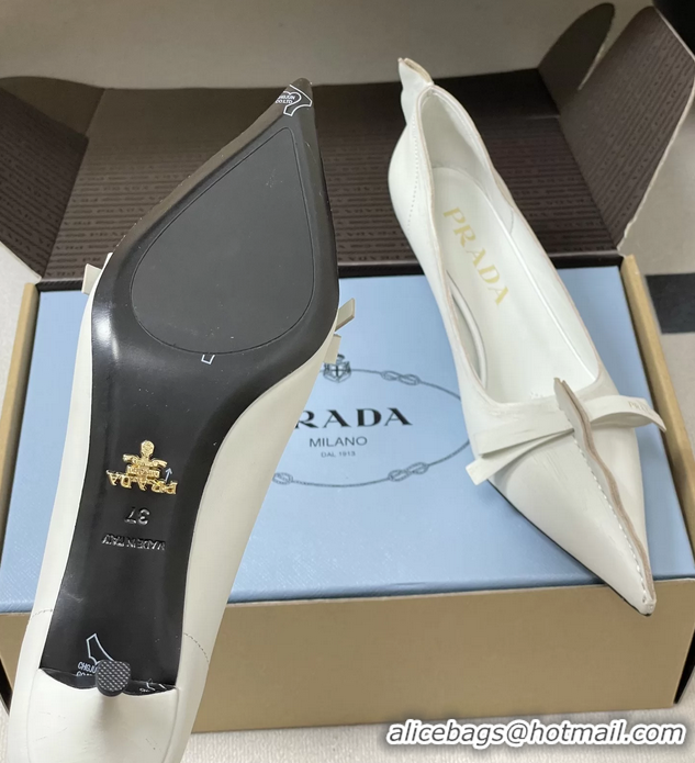 Luxury Prada White Antiqued Leather Exposed Seam Kitten Heel Pumps 55MM 6050804 White