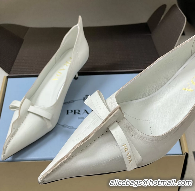 Luxury Prada White Antiqued Leather Exposed Seam Kitten Heel Pumps 55MM 6050804 White